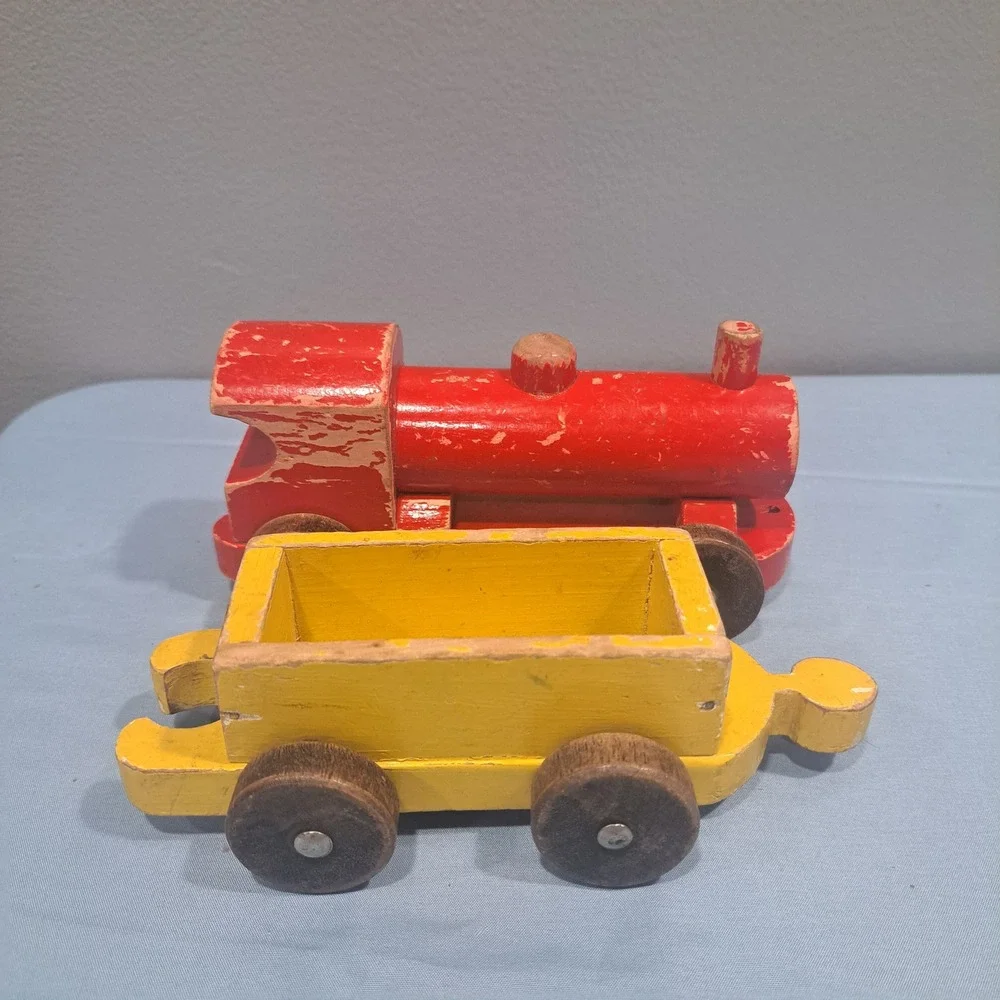 VTG Nicoltoys Wooden Train Engine & Wagon Red Yellow Made in England Rustic Toy